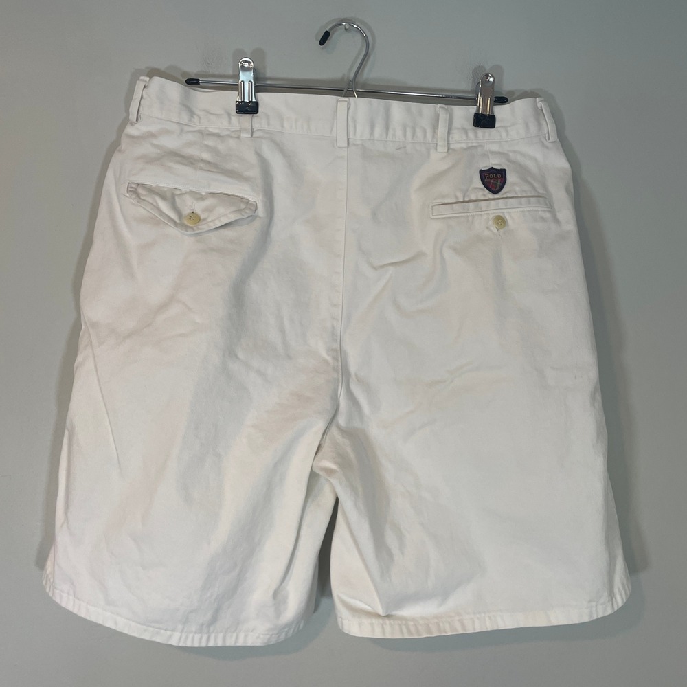 VTG Polo Ralph Lauren Mens White Pleated Chino Shorts 36 Cotton Tartan Crest